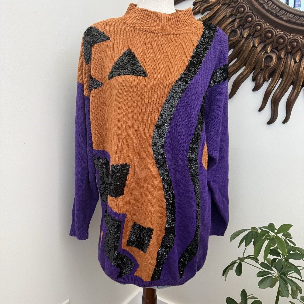 Vintage 80s Studio C 2X Sequin Geometric Tunic Sweater Purple Orange F/W‎